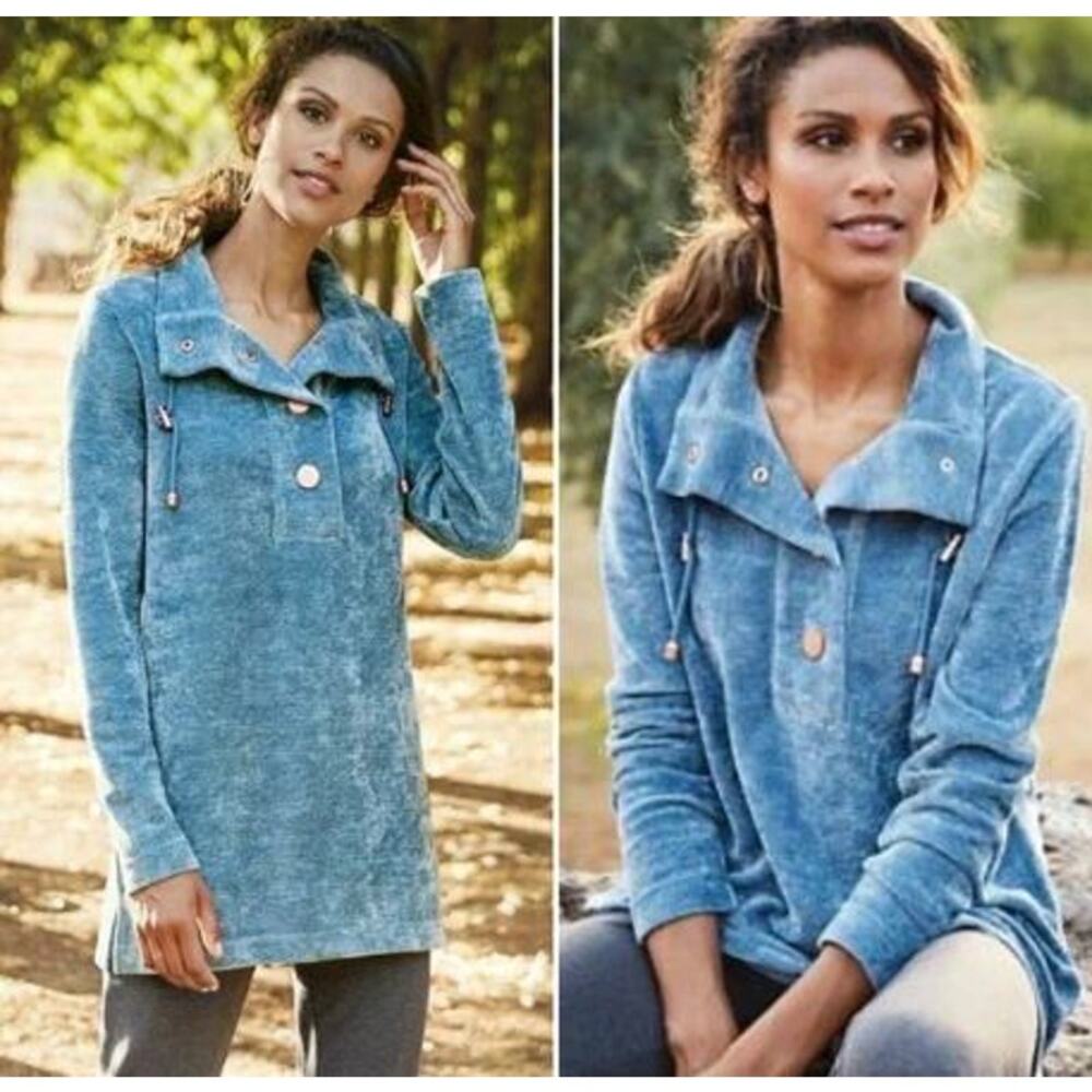 Soft Surroundings St. Germaine Blue Velour Pullover Tunic Sweater Size Medium